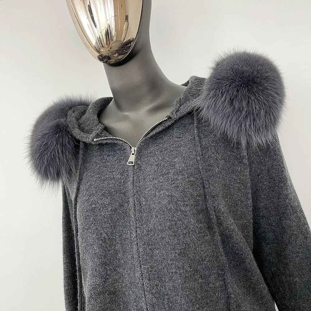 GENHUA AutumnWinter Fashion Sweater Set Womens Trouser Hooded Jacket with Detachable Fox Fur Collar Coat 240929
