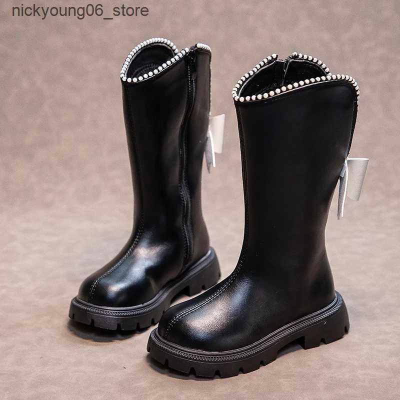 Boots Girls High Boots with Bow-knot Anti-Slippery Fashion Children Beading Elegant Princess Boots Side Zipper Kids Leather Long Boots L240910