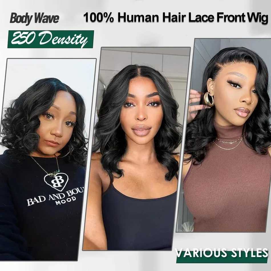250 Density Bob 13x6 HD Transparent Body Wave Lace Frontal Human Hair Wig 13x4 Lace Front Wig PrePlucked For Black WomenXJ241008