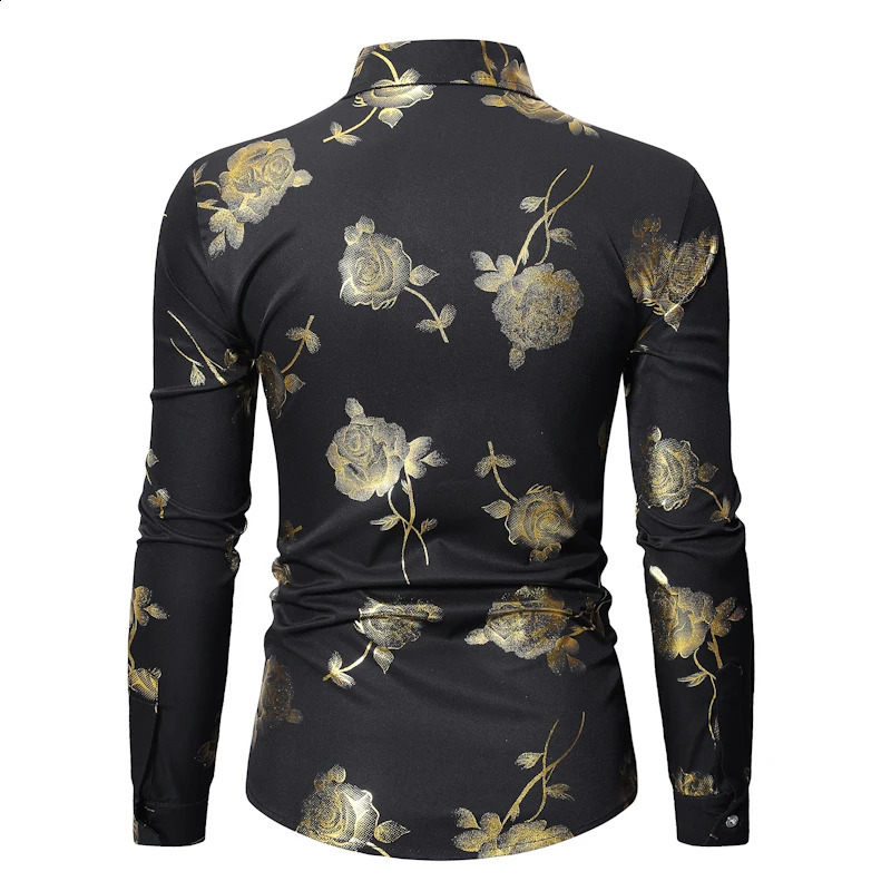 Mens Golden Rose Flower Printed Shirt Flower Steampunk Chemical White Long Sleeve Wedding Party Bronze Kamissa Masculina 241008