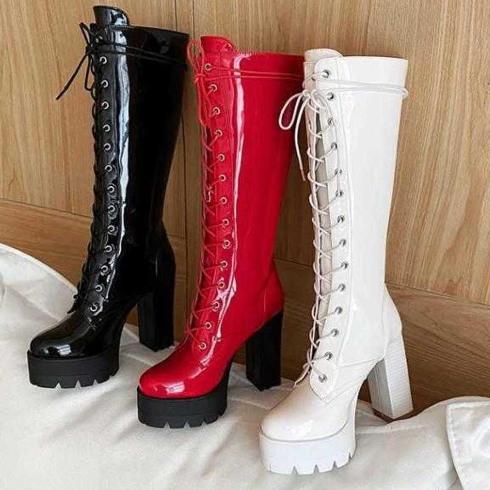 Autumn Winter High Heel Martin Boots Thick Heel Boots Lace Up Womens Boots High Barrel Martin Boots Round Head Leather Thin Long Legged Boots 240826