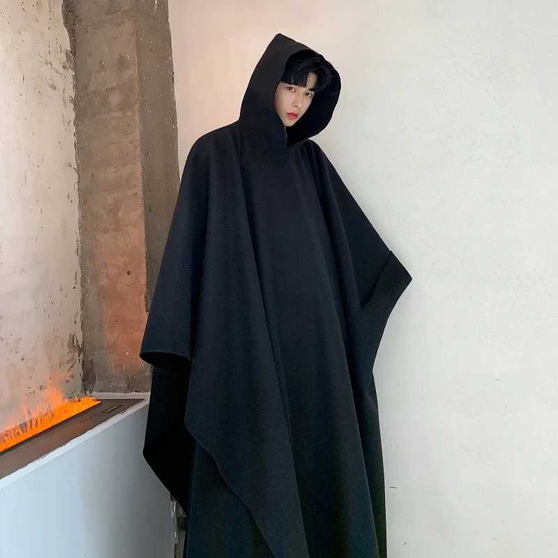 Arens Mens Japanese Street Style Hoodie Cloak Trench Coat Mens Gothic Punk Fashion Show Pulling Long Jacket Coat W241007