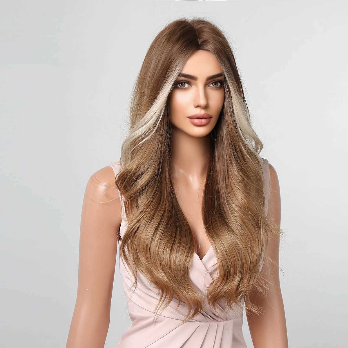ALAN EATON Long Brown Synthetic Wigs Ombre Hair with Highlight Brown Body Wavy Daily Wig Soft Fluffy High Temperature Party UseXJ241008
