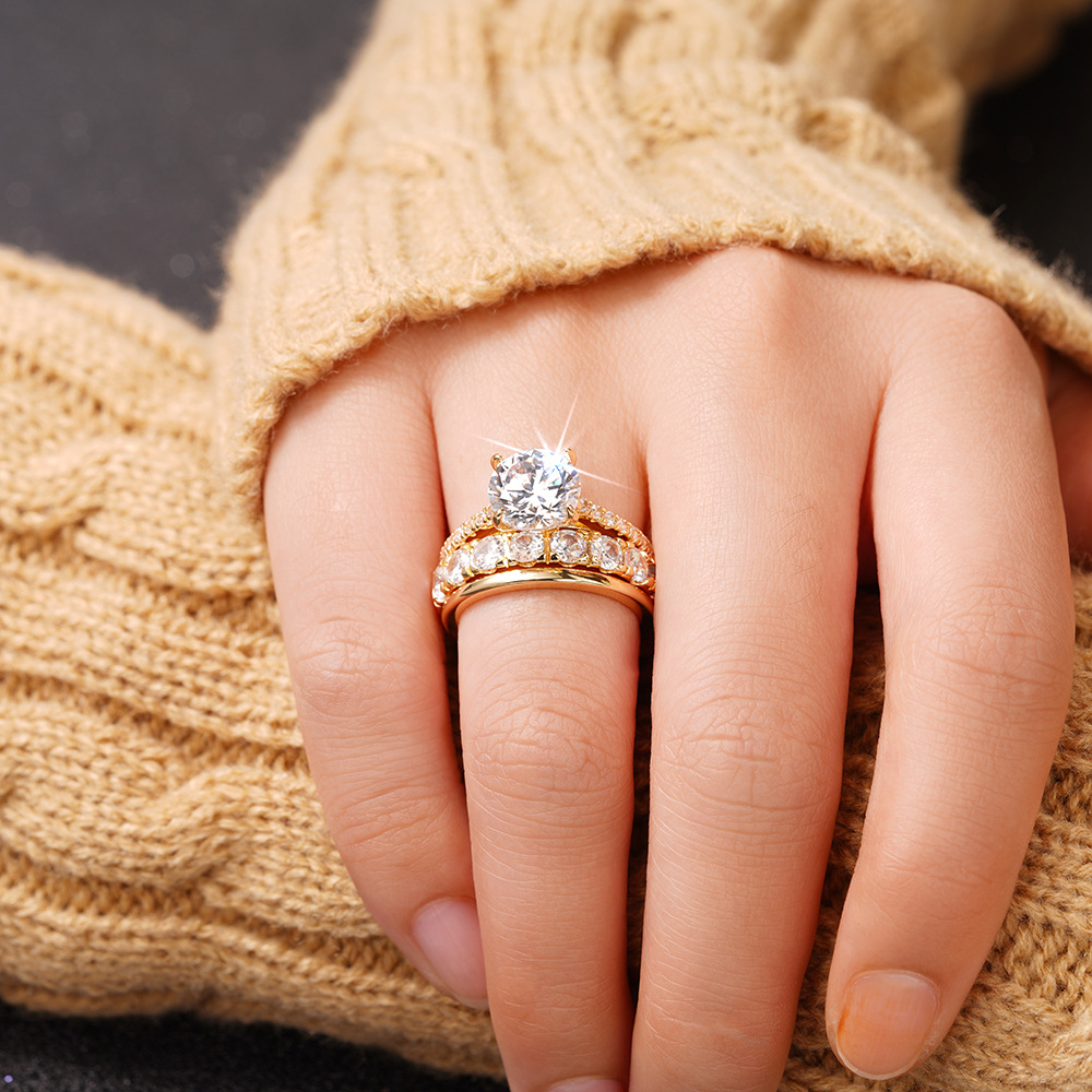 3PCS Wedding Rings Elegant Vintage Jewelry 10KT Gold Fill Round Cut White Cubic Zircon CZ Diamond Gemstones Party Eternity Women Bridal Ring Set Gift