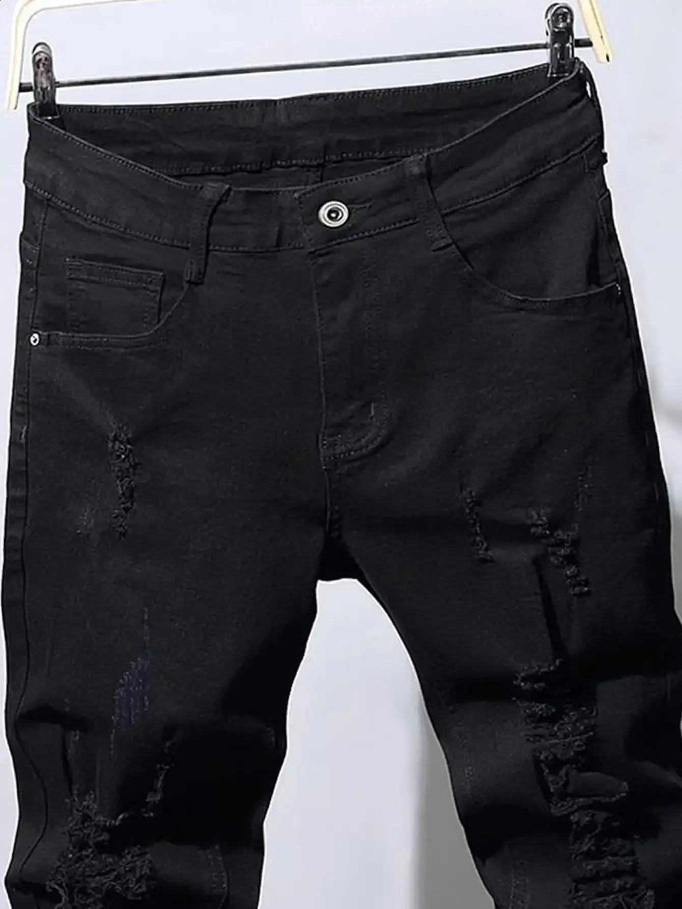 Mens ultra-thin bicycle torn long denim Trouser tight jeans pockets for young people jogging pants destroyed stretch black pants 241008