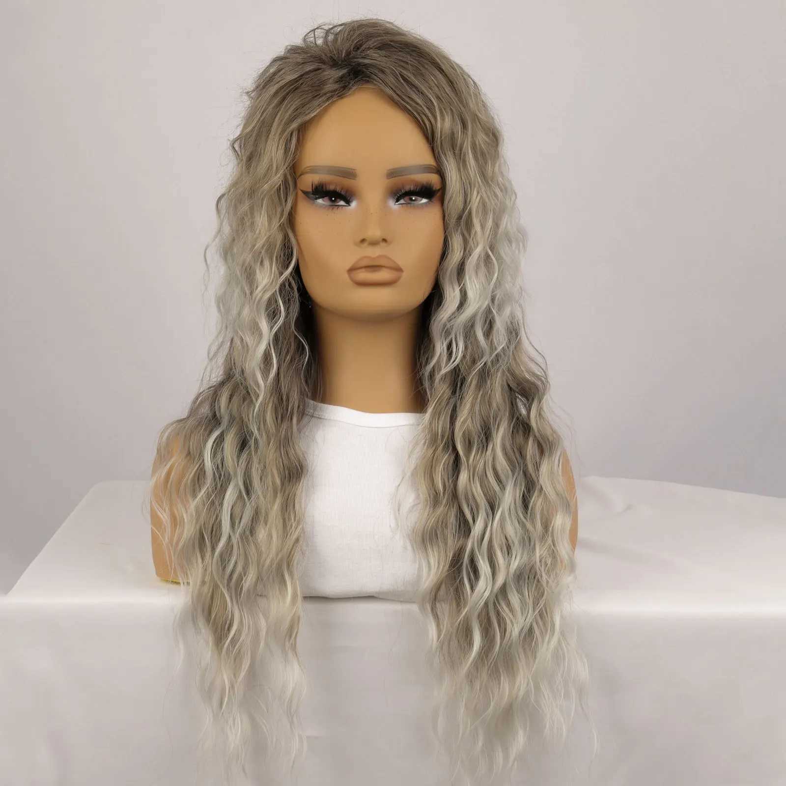 Ombre Ash Blonde Long Water Wave Natural Looking Dark Roots Synthetic Wigs for Women 80s Halloween Carnival Party Wig 28 InchesXJ241008