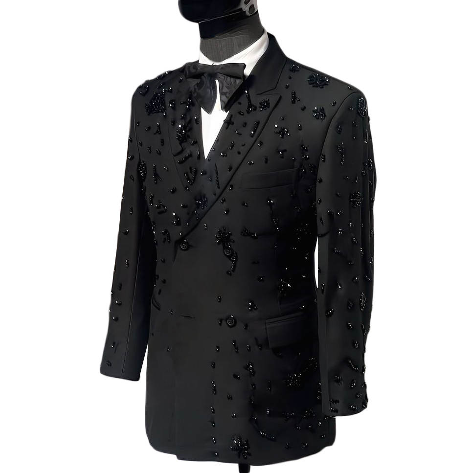 Vintage Wedding Suits Peaked Lapel Jacket Crystal Beaded Men's Tuxedo Tailored Double Breasted Dinner Prom Groom Blazer Custom Made Only One Coat