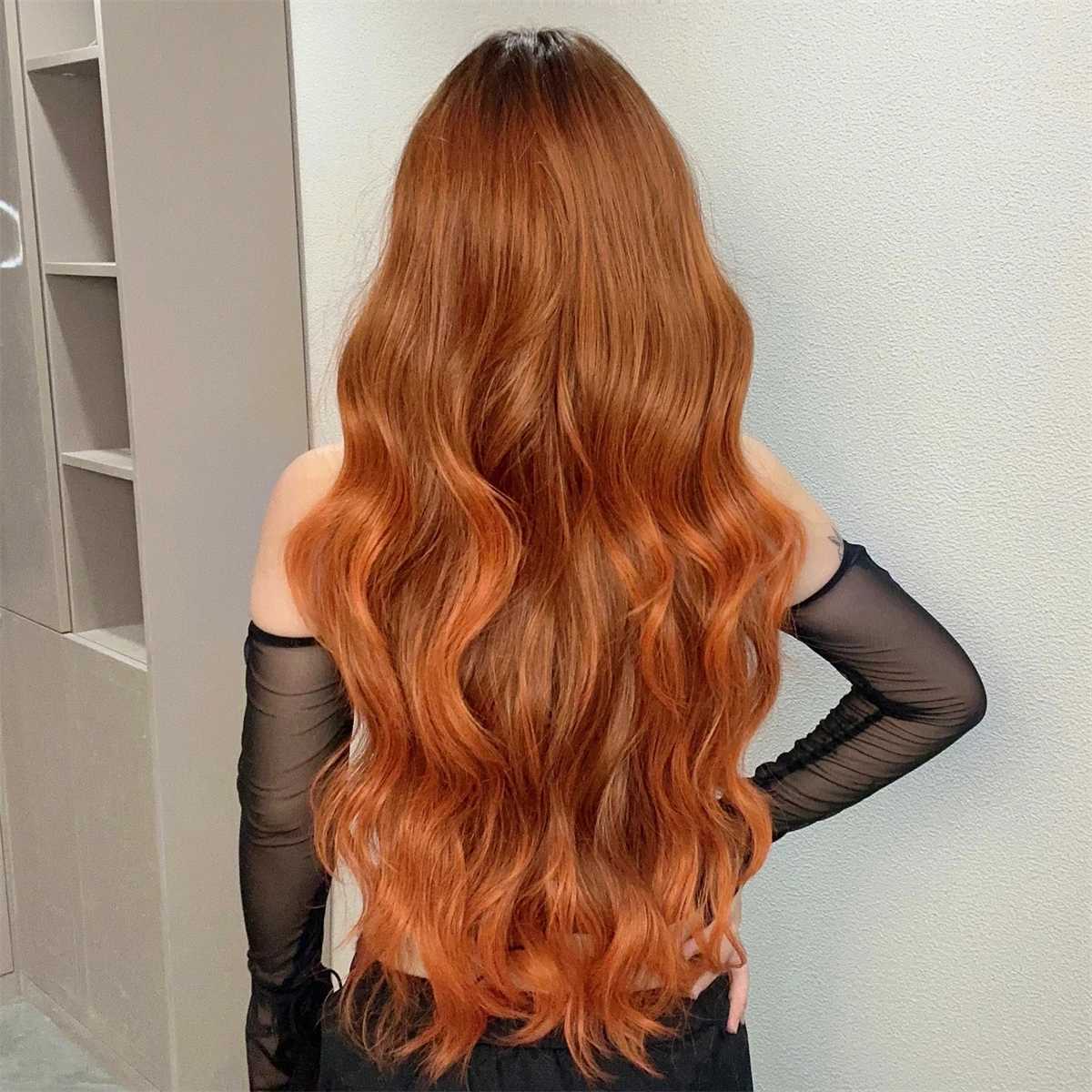 Ombre Red Brown Synthetic Wig with Bangs Long Wavy Copper Brown Women Wigs Natural Hair Cosplay Daily Use Wig Heat ResistantXJ241008