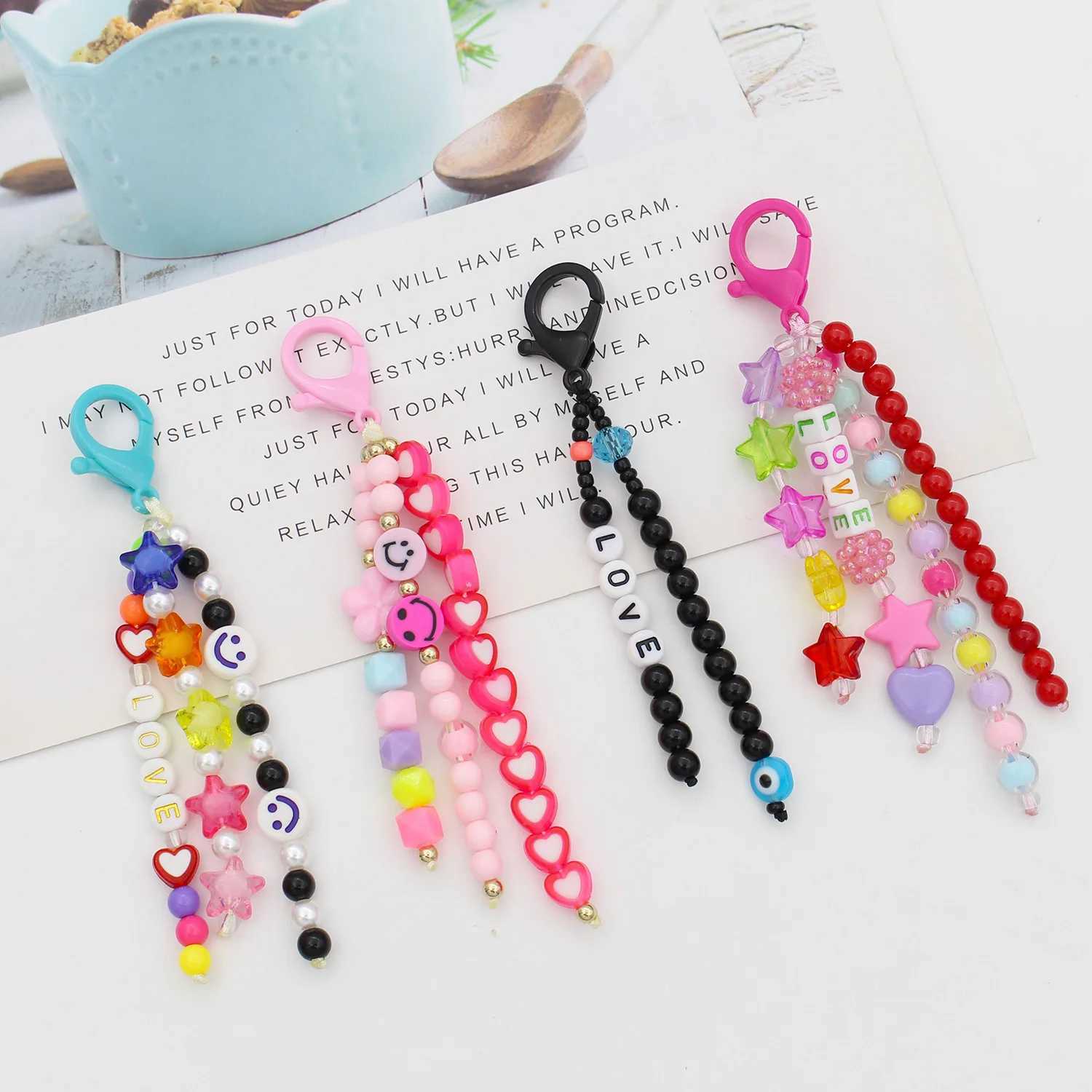 Colorful Letter Bead Acrylic Keychain Smile Face Bag Charm Mixed With Small Tassel Pendants Backpack Charm For KidsX241008