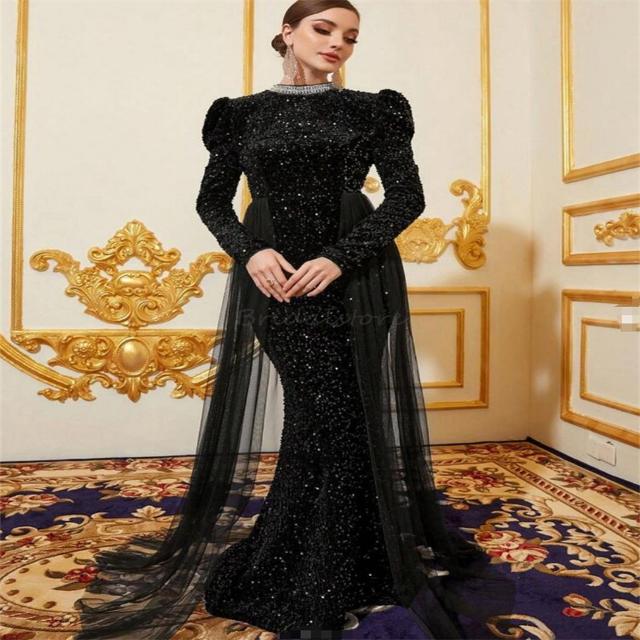Glitter Black Mermaid Prom Dresses With Train Elegant Mermaid Sequin Evening Dress Dubai Abaya Muslim Formal Occasion Birthday Dress Beaded Open Back 