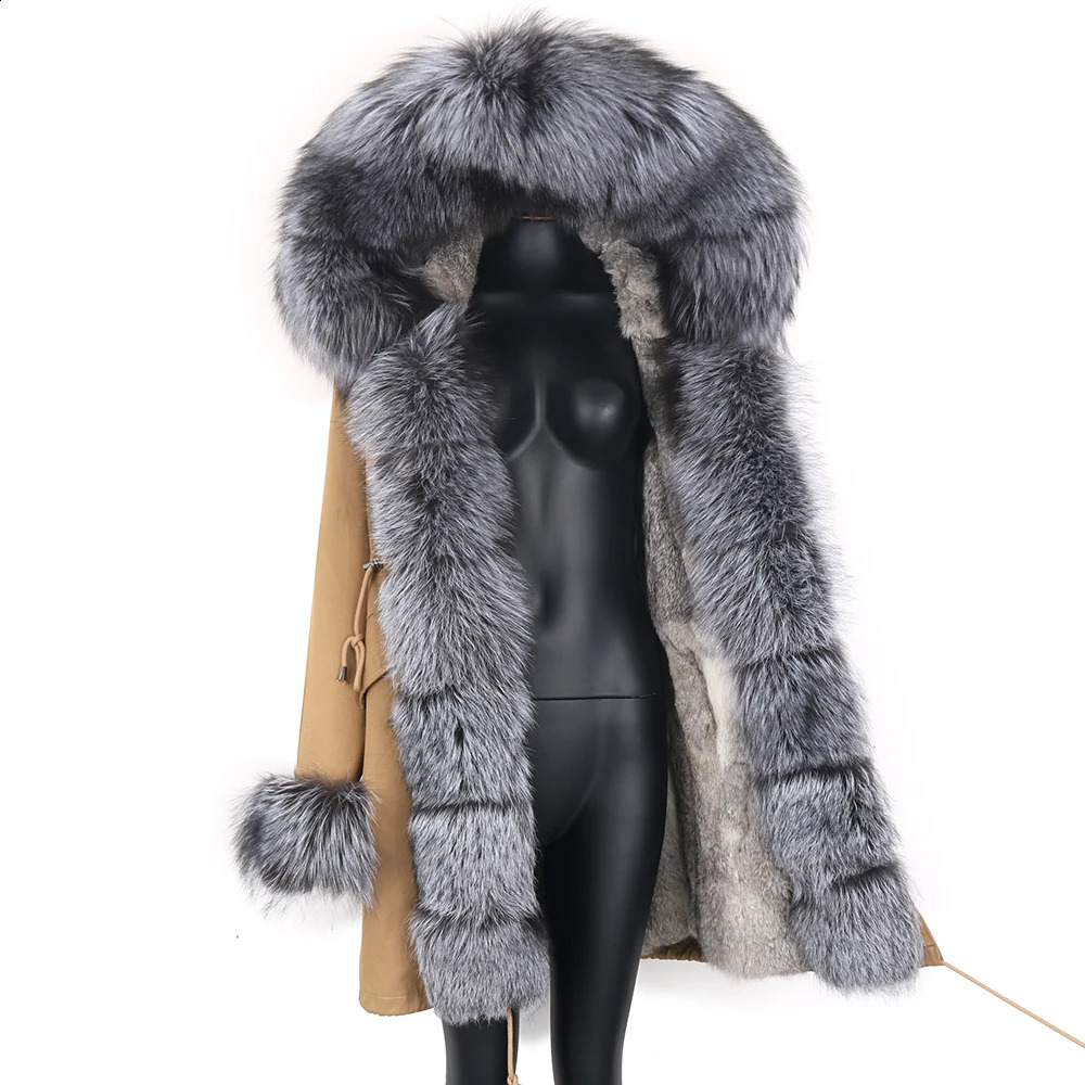Real Fur Coat Natural Fox Collar Warm Big Outerwear Detachable Womens Long Parka Fashion Winter Jacket 240929