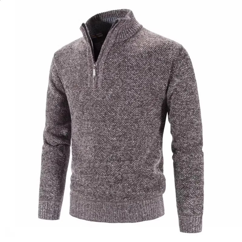 Autumn Winter Thick Knitted Sweater Men Pullovers Solid Color Zipper Mock Neck Slim Fit Knit Causal Man 240930