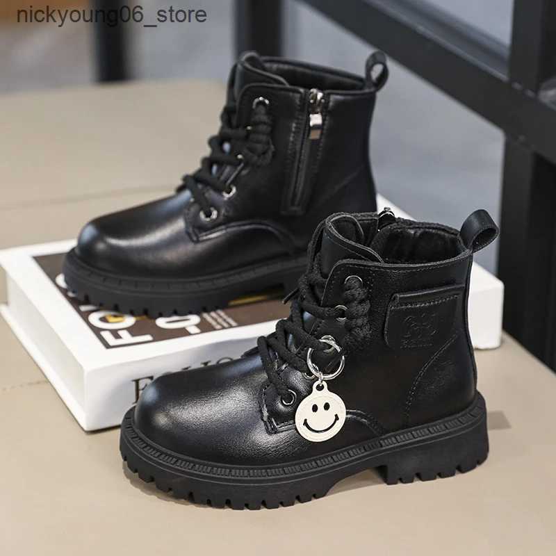 Boots Girls Boys Ankle Leather Boots with Zipper Lace Up Outdoor Hiking Waterproof Anti-Slip Durable Combat Bootie for Kids L240910 L0910