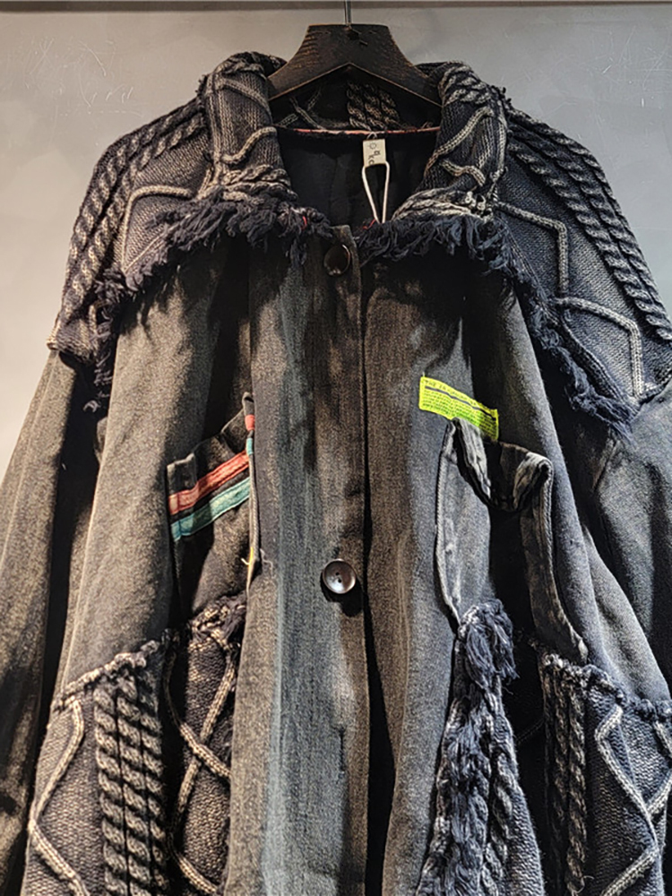 DEAT Women's Denim Coat Patchwork Knitted Washed Black Gery Irregular Do Old Loose Jackets 2024 Autumn New Fashion 29L8172