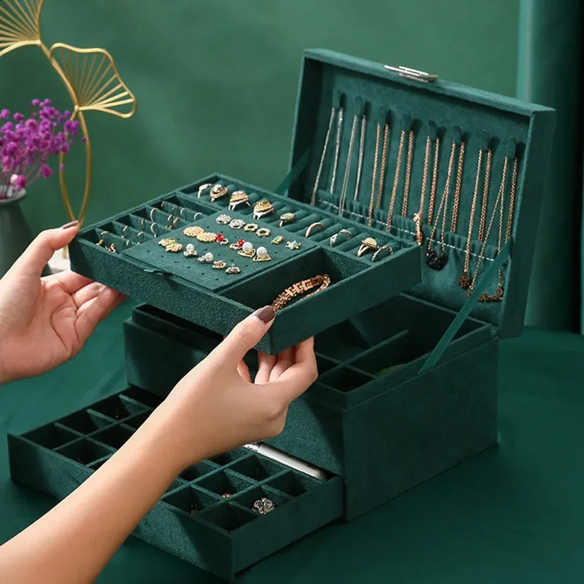 3-layer green velvet jewelry organizer large capacity ring necklace makeup stand with lock womens jewelry box 241007