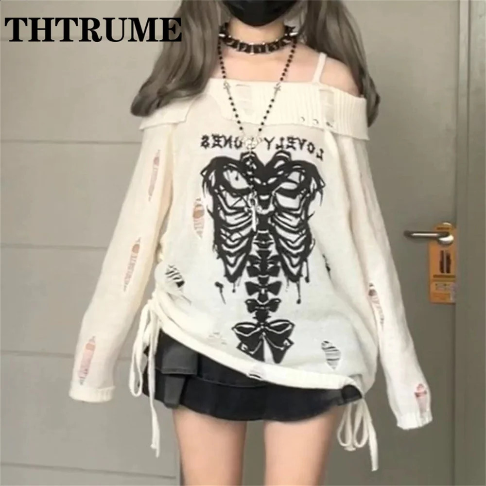 Harajuku retro Y2K sweater fashionable womens knitted hollow autumn long sleeved skydiving top casual shoulder loose zipper 240927
