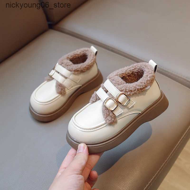 Boots British Style Children Leather Shoes for Girls Winter 2023 Thick Soled Lamb Wool Warm Boys Uniform School Cotton Shoes Plush PU L240910