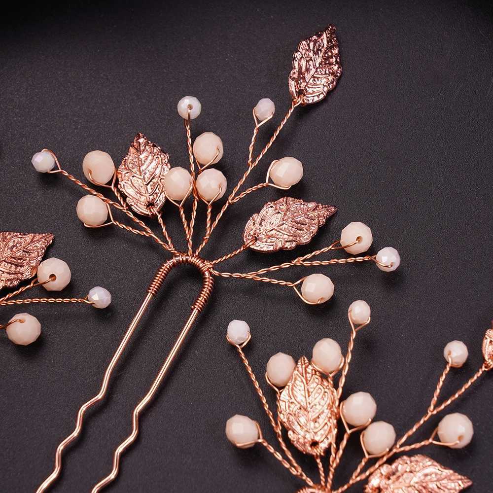 Bridal Wedding Crystal Leaves Rose Gold Hair Pin Female Pearl Wedding Head Bridal Ball Birthday Hair Accessories W241007