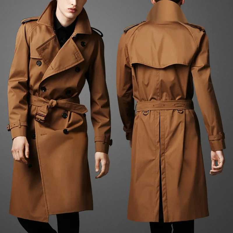 Double breasted classic long sleeved mens windproof jacket British style windproof jacket brown business casual X long jacket W241007