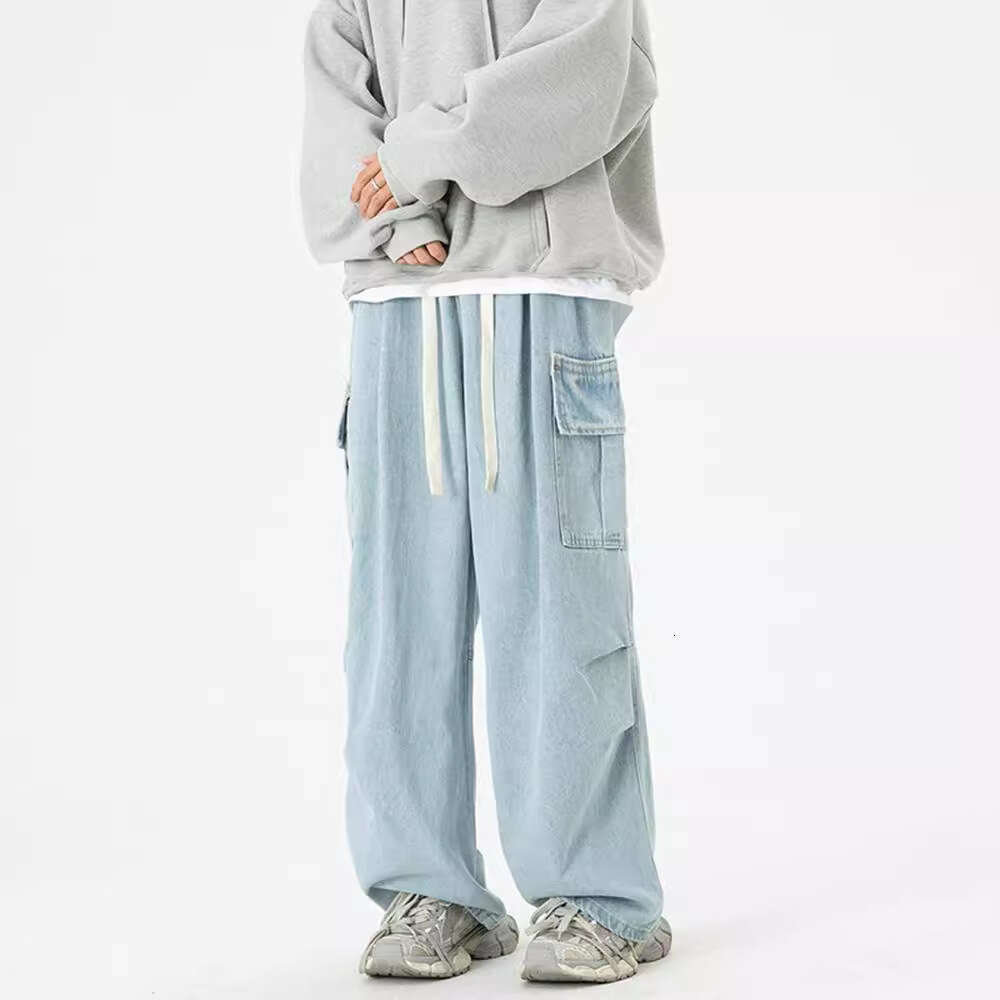 Workwear Jeans Men's Autumn American Retro Washed Pleated Design, Niche Loose Straight Leg Casual Long Pants