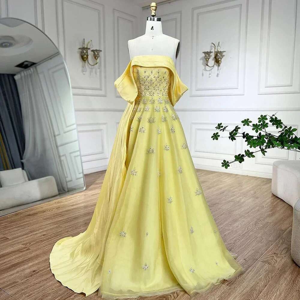 Wasisi Dubai Arabic Yellow Elegant Boat Neck Long Evening Dress Beaded Party Gown for Women's Wedding ELA72531