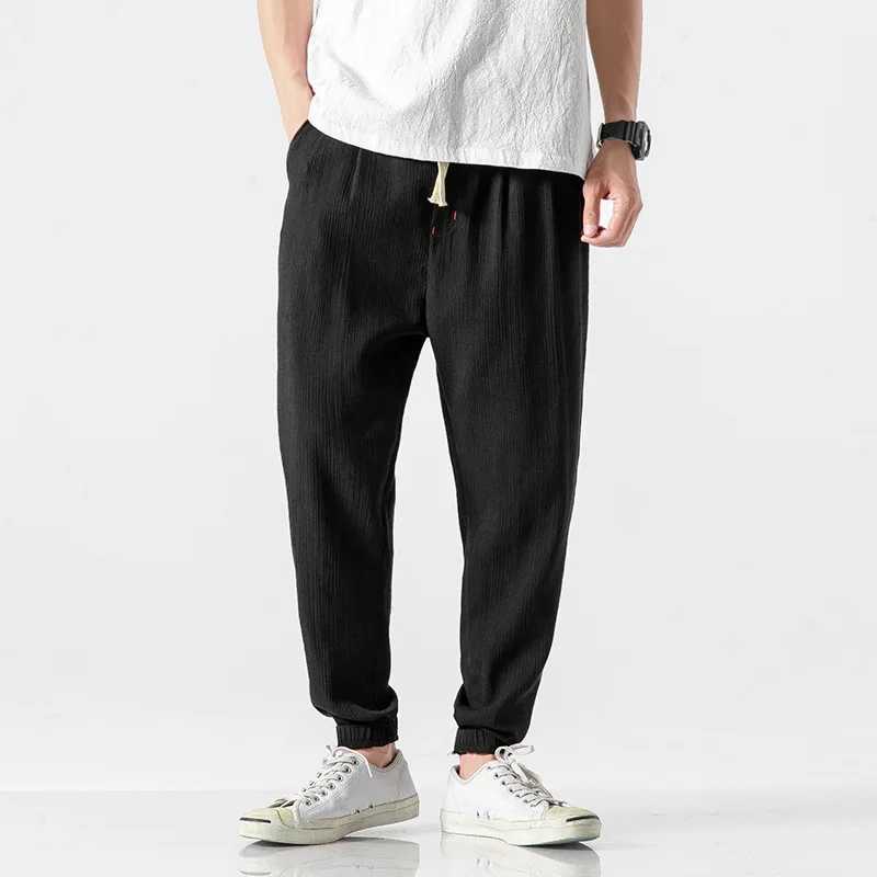 Japanese Loose Mens Cotton Linen Pants Male Summer New Breathable Solid Color Linen Trousers Fitness Streetwear Plus Size S-4XLX241008