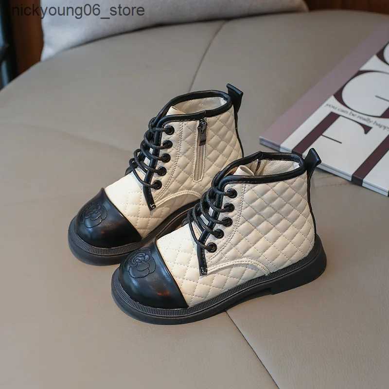 Boots Korean Version Plaid Emed Side Zippered Leather Boots Princess Boot Winter Shoe for Girl Kid Shoe for Girl Boot Zapatos L240910