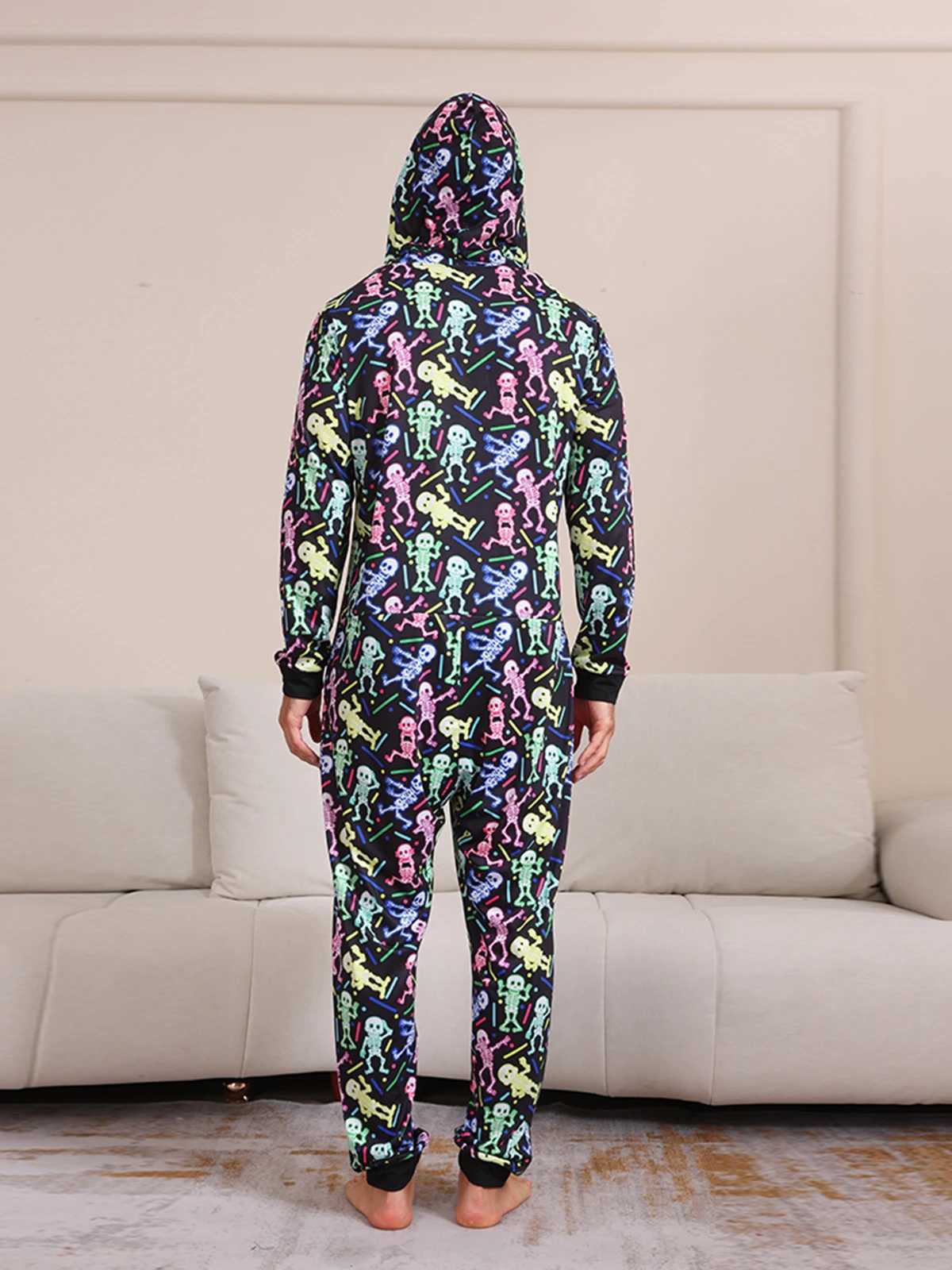 2024 New Halloween Party Mom Dad Kids Matching Outfits Skull Print Zipper Hooded Romper Jumpsuits Soft Sleepwear Family Look PjsXJ241008
