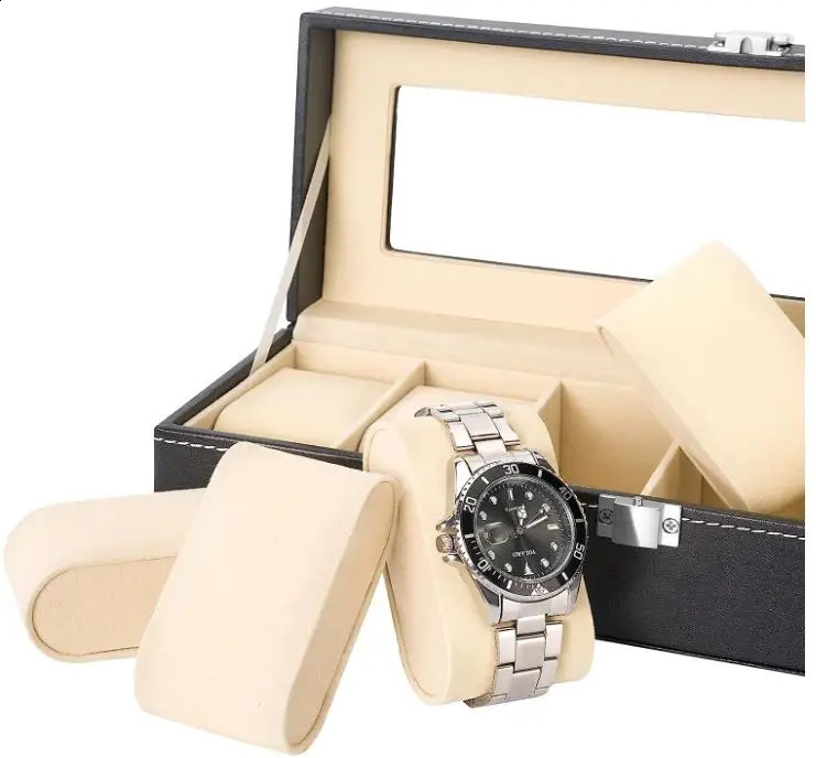 6-slot PU leather watch box display box jewelry organizer with glass top 241007