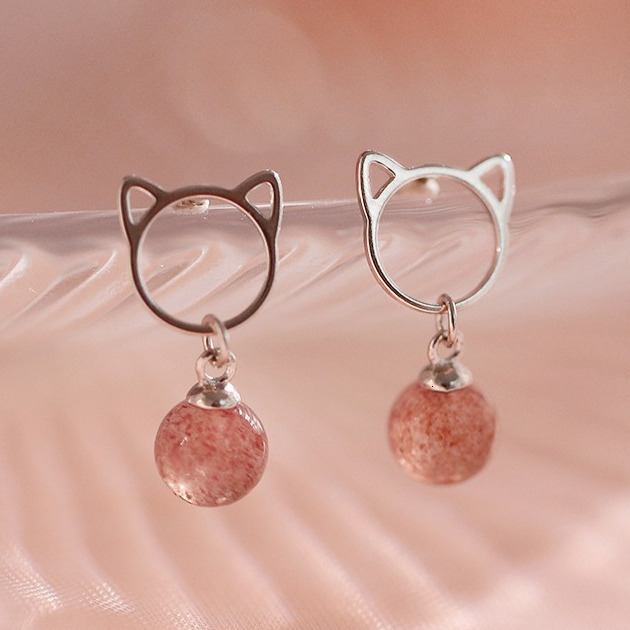 Cute Strawberry Pink Crystal Beads Cat S Sier Needle Earrings Female too