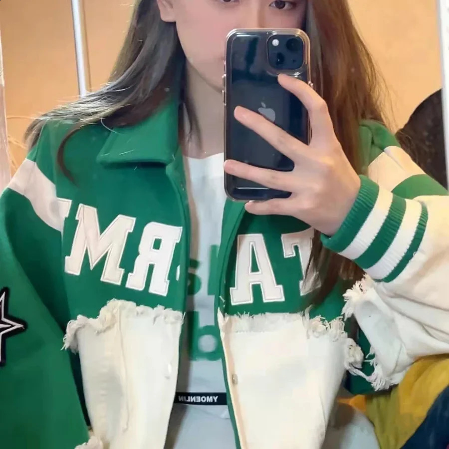 womens denim patch work jacket oversized sports top bomber jacket American streetwear retro baseball shirt 240930