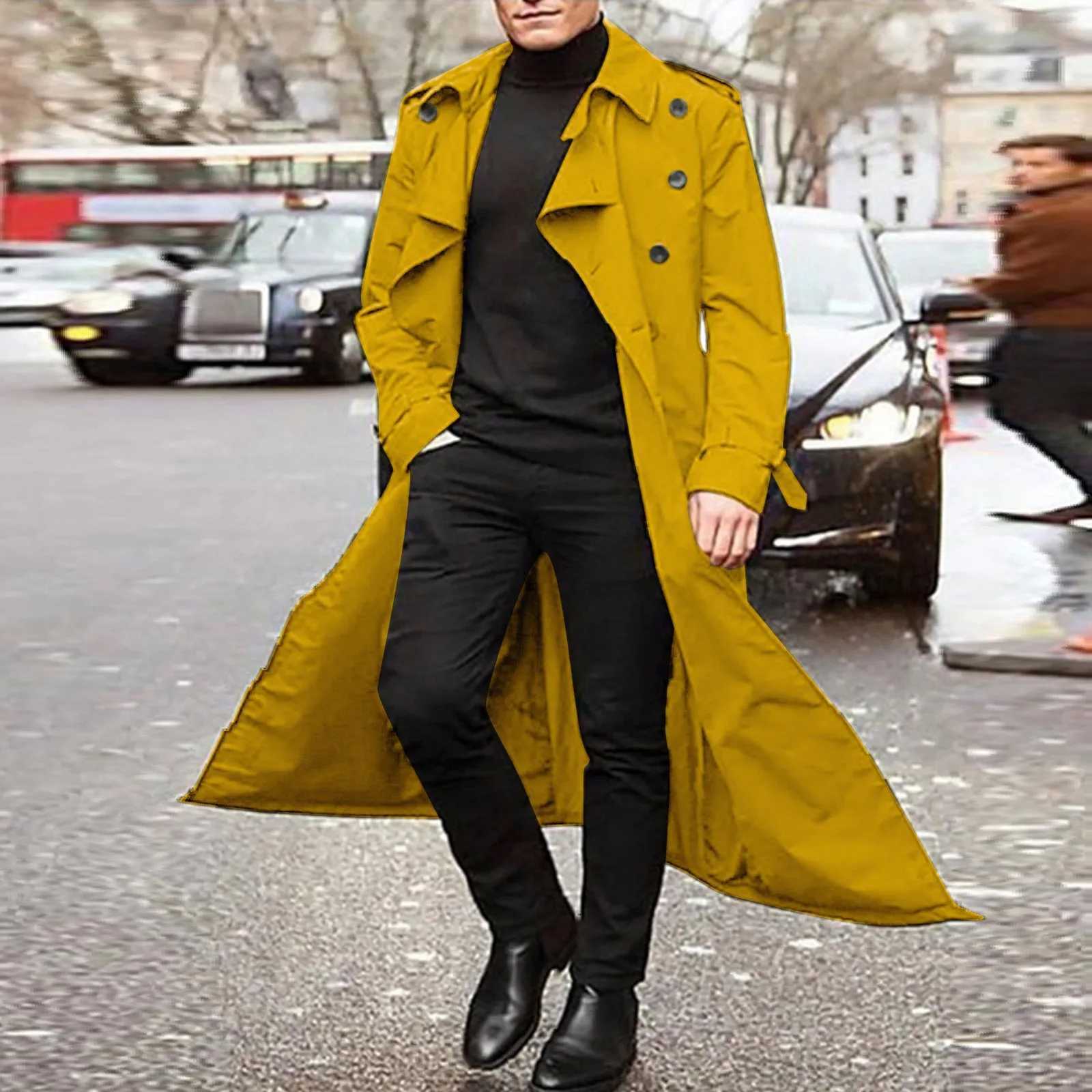 Mens coat autumn and winter fashion handsome long trench coat double chest coat street clothing party belt loose jacket W241007
