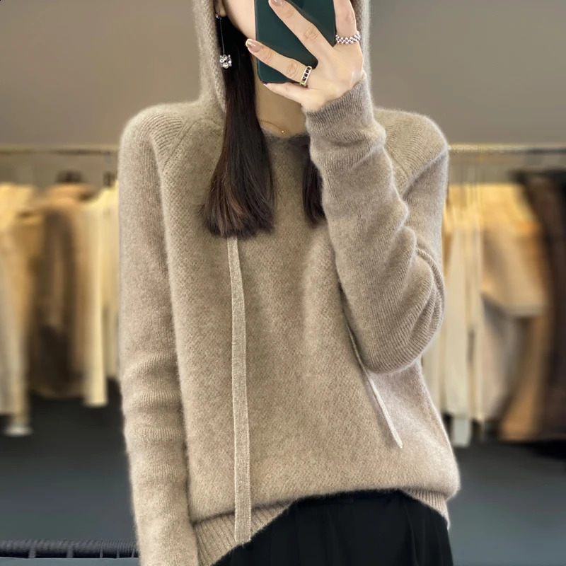 Autumn Thick Hooded Cashmere Sweater 100% Merino Wool Womens Knitted Hoodie Fashion Honeycomb Long Sleeve Top 241007
