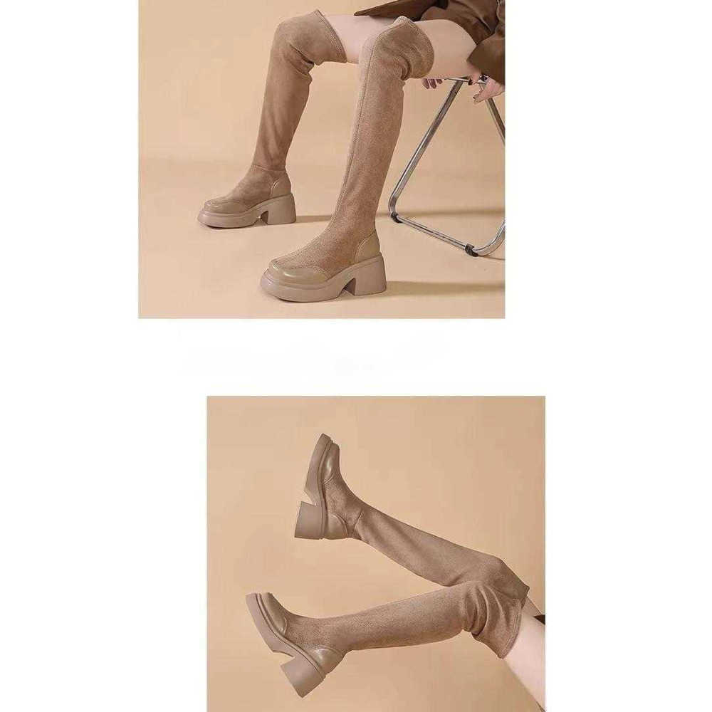 Long Knee High Martin Boots Leather For Women Bag Thigh Sponge Thick Soled Boots Fashionable High Cut High Heels Elastic Boots 240826