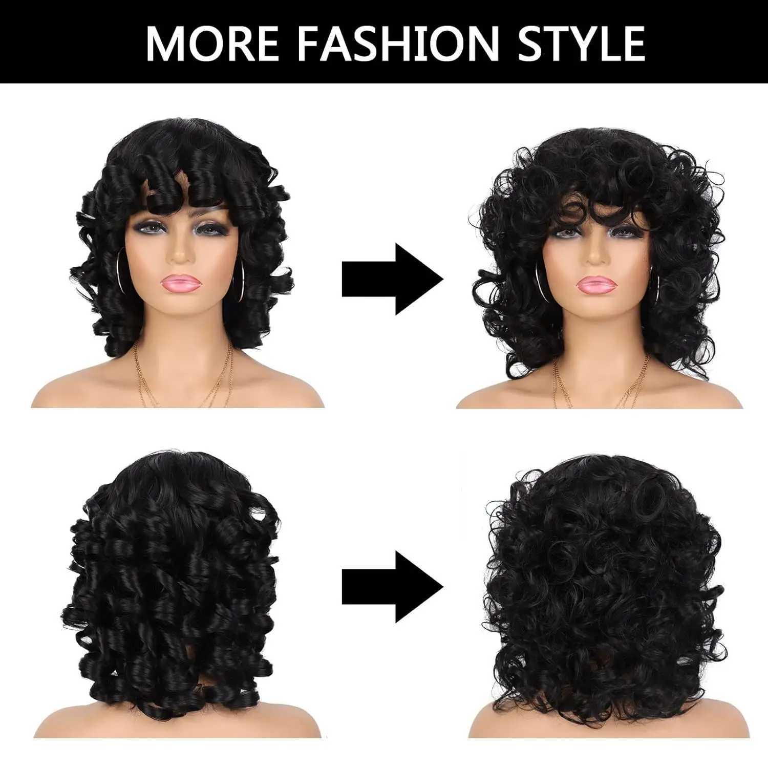 Tereshar Synthetic Black Afro Curly Wig with Bangs Copper Red Hair Big Bouncy Fluffy Short Kinky Curly Wig for Women GirlsXJ241008