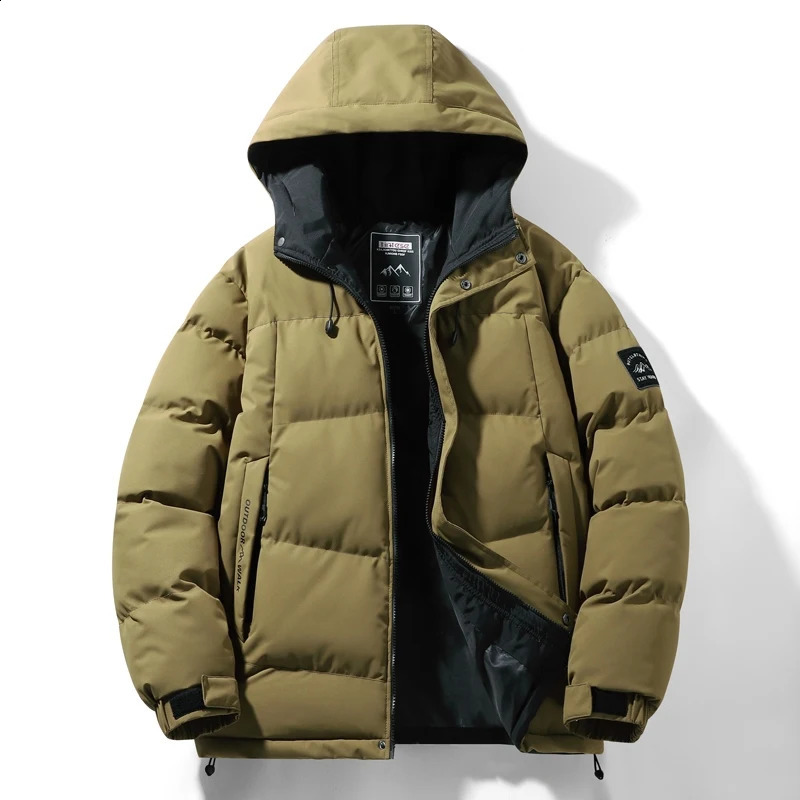 Travel camping jacket mens casual and fashionable down jacket mens winter windproof and warm park thick solid color hooded jacket 241007