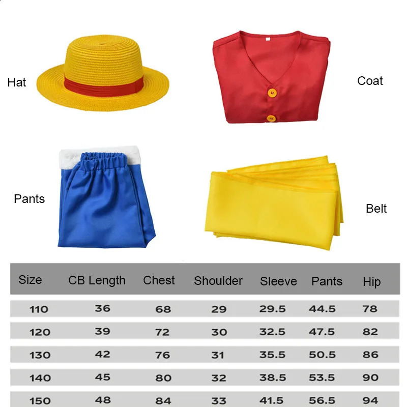 Kids Anime Luffy Cosplay Costume with Straw Hat for Boys Halloween Carnival Uniform Coat Pants Belt Full Set Dress Up 240929