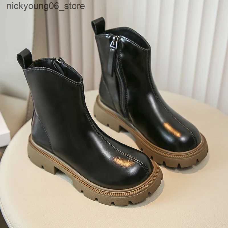 Boots Girls Ankle Boots Side Zipper Children Fashion Leather Boots Non-slip Kids Black Short Boots Anti-Slippery 2024 Winter New L240910