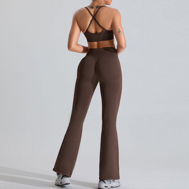 Seamless yoga suit for women, outdoor casual exercise set, women's peach hip lifting micro flared quick drying running and fitness pants