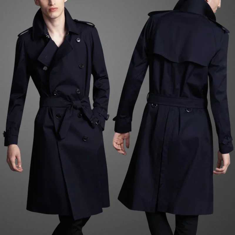 Double breasted classic long sleeved mens windproof jacket British style windproof jacket brown business casual X long jacket W241007