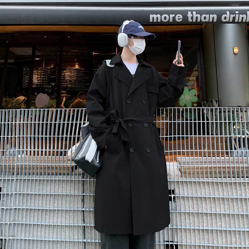 Korean style autumn new Trench Coat mens pocket decoration street trench coat mens solid casual loose office coat W241007