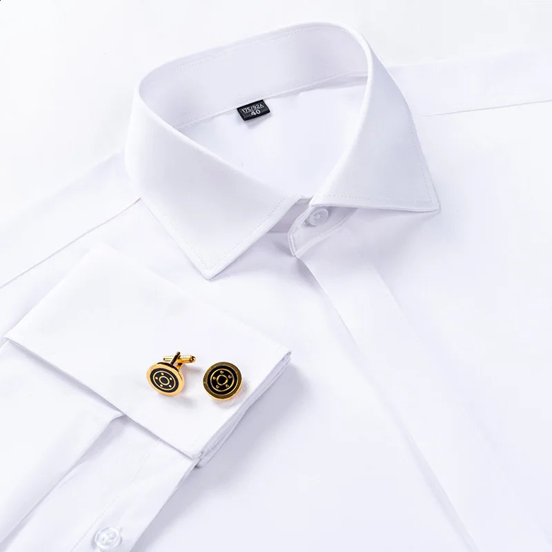 Windsor collar French cuffed dress fashionable mens long sleeved business formal shirt covered button up cufflinks shirt 241007