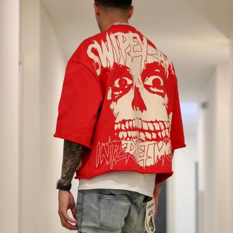 Vintage Skull Print 100% Cotton Cropped T-Shirt Men Y2K Gothic Summer Short Sleeves Oversize Tshirt Streetwear Women Tops 241008