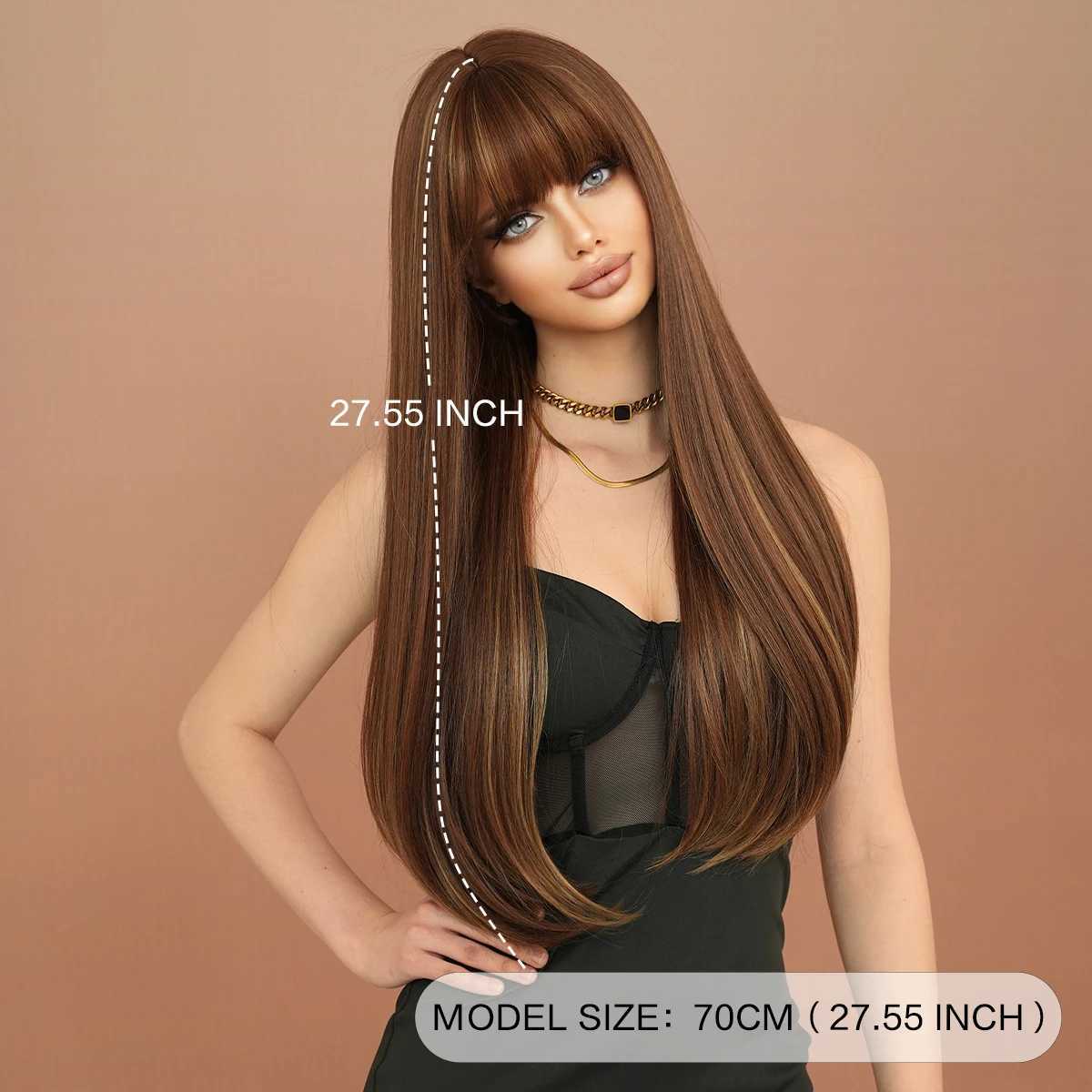 NAMM Dark Brown Long Straight Wig For Woman Daily Party Cosplay Blone Highlights Natural Synthetic Wig With BangsXJ241008