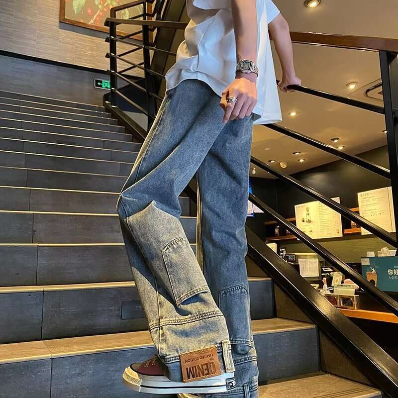 American High Street Trendy Inverted Reverse Wearing Micro La Jeans Autumn Loose Casual Straight Tube Rascal Handsome Wide Leg Pants Men