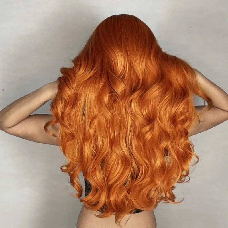 Selling synthetic fiber wig female orange long hair big waves fashion air bangs long curly hair mechanism full head setXJ241008