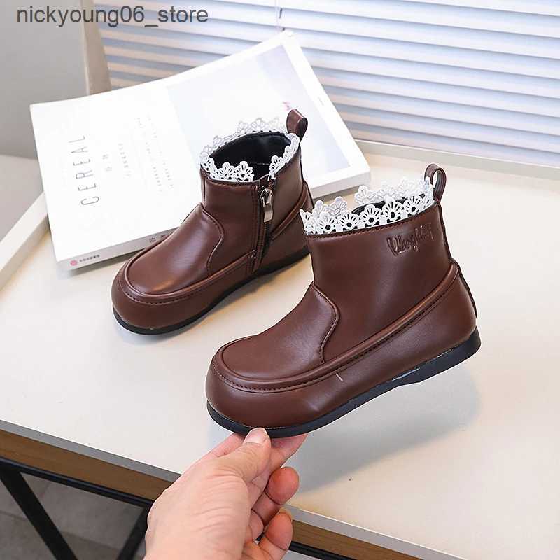 Boots Girls Ankle Boot Ruffled Edge Sweet Children Princess Black Boots Fashion Versatile Kids Elegant Short Leather Boots Non-slip L240910