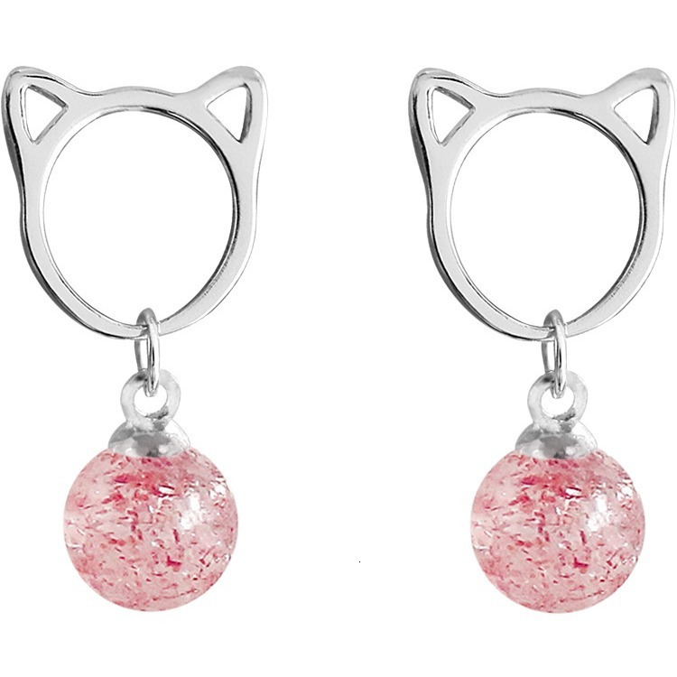 Cute Strawberry Pink Crystal Beads Cat S Sier Needle Earrings Female too