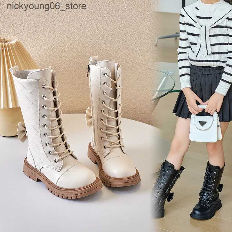 Boots Autumn Winter Girls Casual Boots Fashion Show Children High-top Boots Bow Princess Shoes Windproof Waterproof Outdoor Kids Shoes L240910