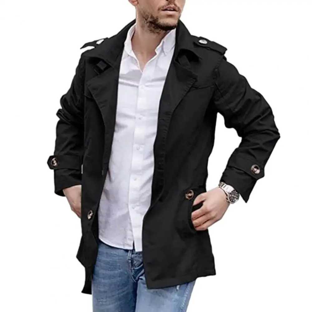 Mens Trench Coat Regular Fit Jacket Fashionable Mens Medium Length Trench Coat Windproof Casual Street Wear Jacket with Collar Suitable for Autumn W24